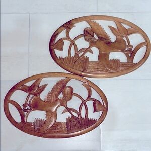 Mid Century Mod Two Vintage Solid Carved Teak Wood Pelicans, Fish,Water Wall Art